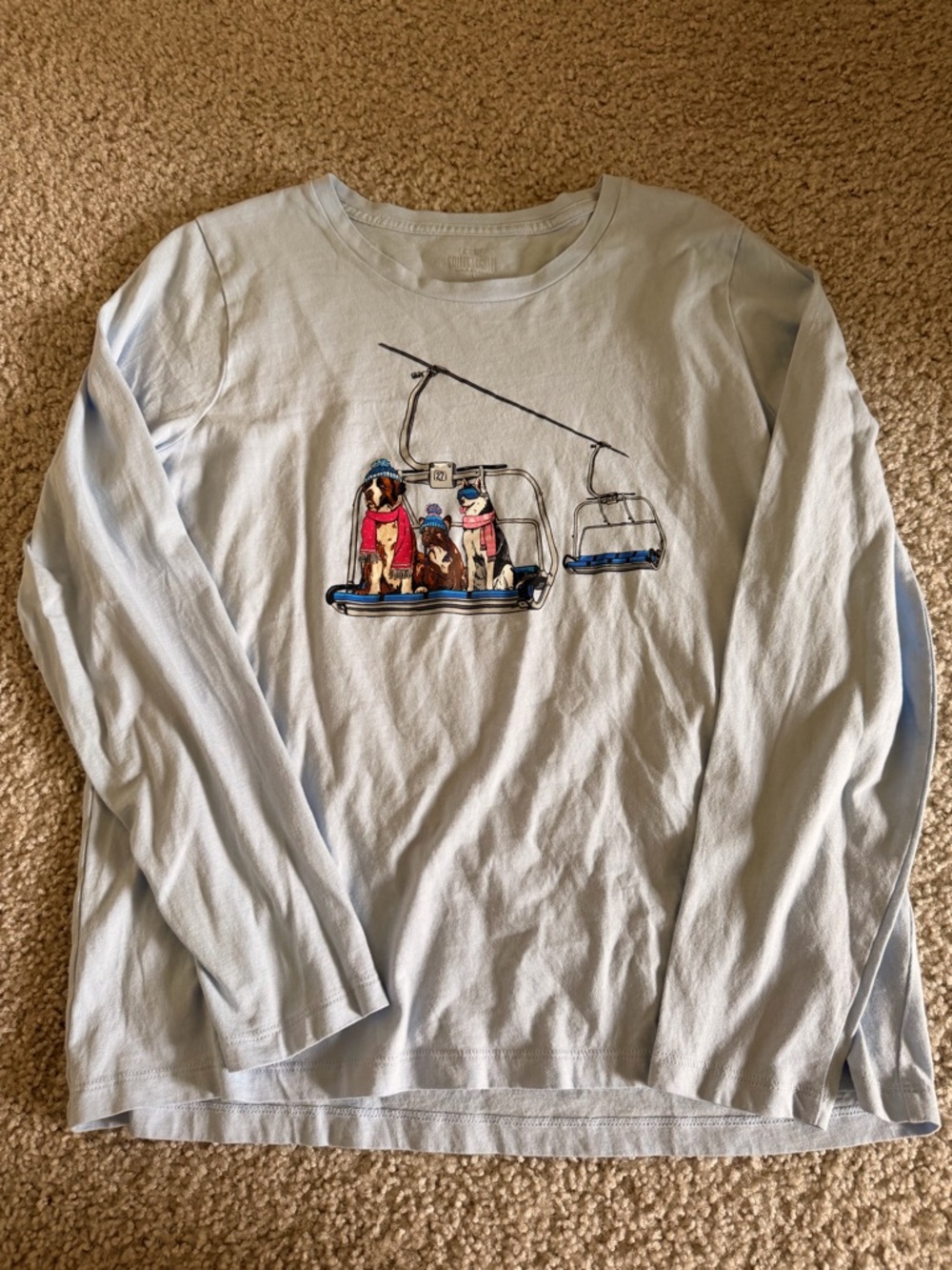 J. Crew Light Blue Long-Sleeve Tee with Ski Lift Dog Graphic